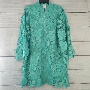 J.Marie S Teal Blue Seraphina 3D Floral Lace Lined Short Dress NWT $168 L809